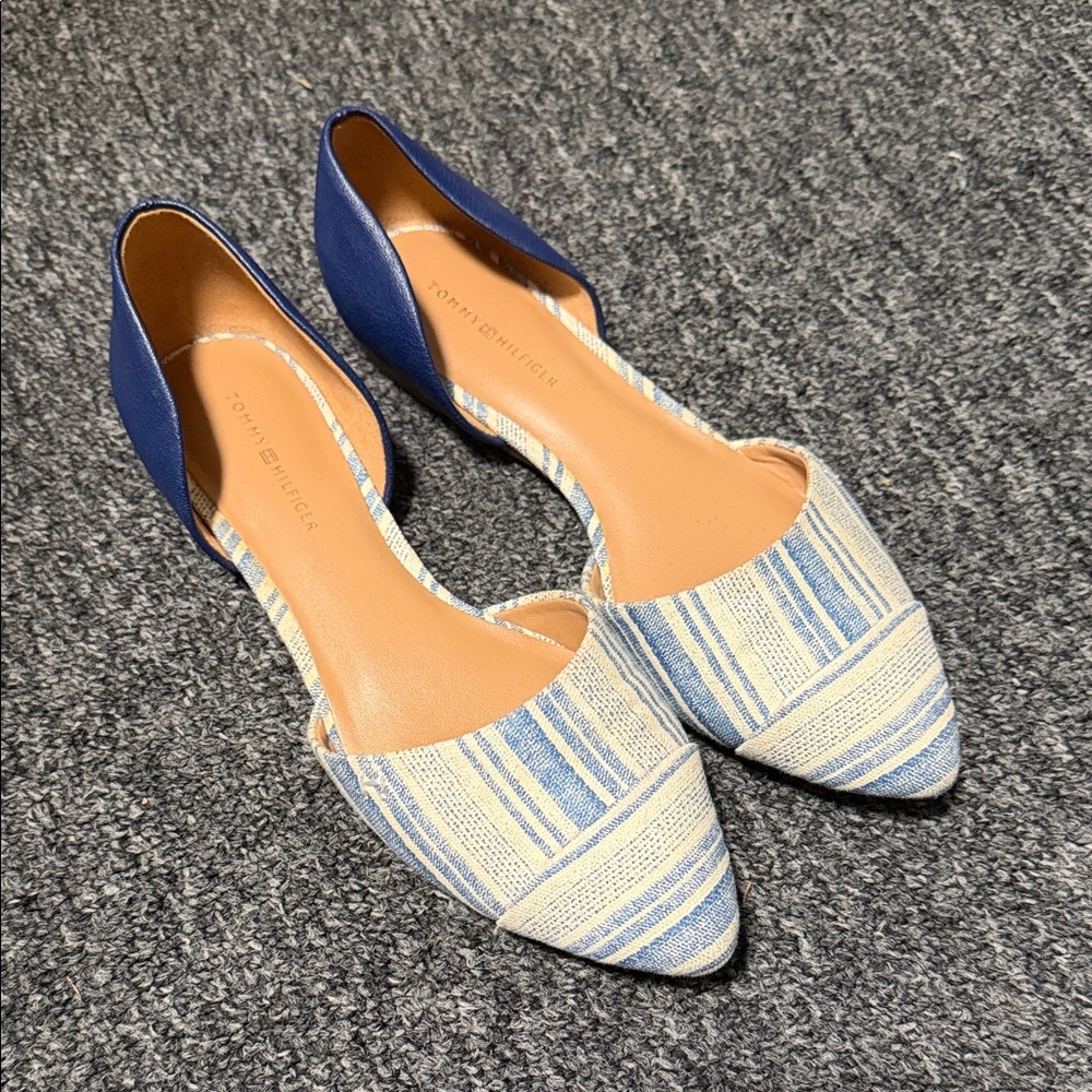 Tommy Hilfiger Blue and white Striped Pointed D'Orsay Flats